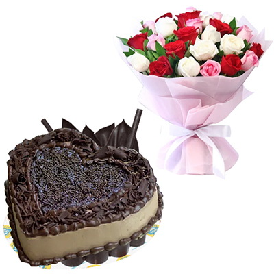 "Heart shape chocolate cake - 1kg, Bouquet of 25 Mixed Roses - Click here to View more details about this Product